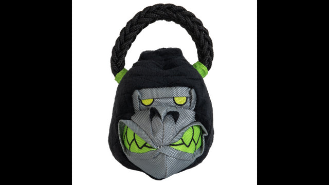 Plush and durable Kettle Bell Gorilla Dog Toy with squeaker, nylon rope, and unique shape for small to medium dogs.