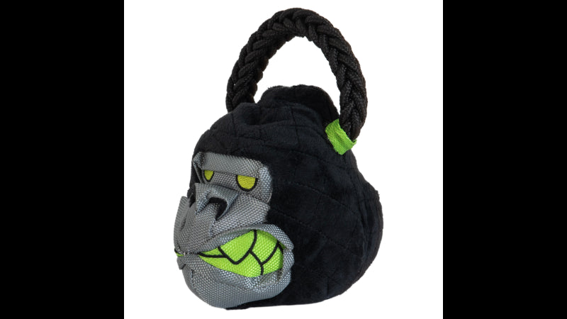 Interactive Kettle Bell Gorilla small dog toy with plush exterior, rope ring, and squeaker for engaging playtime.