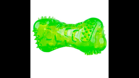 Colorful Dura-Squeaks Bone dog toy made of durable, eco-friendly TPR with a built-in squeaker for engaging fetch games.