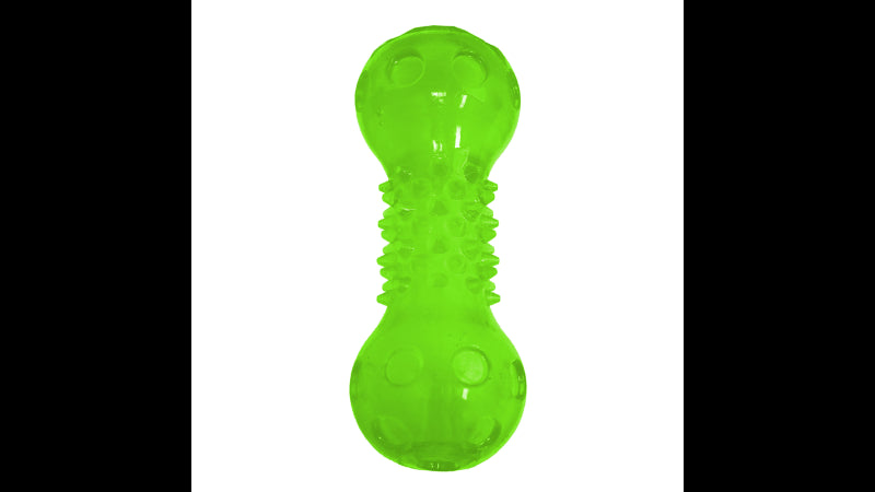 Bright, durable TPR dog toy barbell with squeaker, perfect for fetch and promoting healthy chewing.