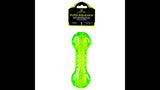 Brightly colored Dura-Squeaks Barbell dog toy made of durable TPR, featuring a squeaker and unpredictable bounce for fetching fun.