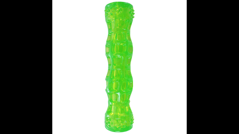 Brightly colored Dura-Squeaks Stick Medium dog toy made of safe TPR, featuring a squeaker for engaging fetch and healthy chewing.