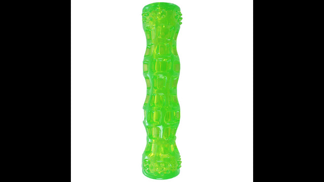 Brightly colored Dura-Squeaks Stick Medium dog toy made of safe TPR, featuring a squeaker for engaging fetch and healthy chewing.