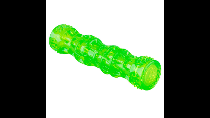 Brightly colored Dura-Squeaks Stick Medium dog toy made of durable, BPA-free TPR, featuring a squeaker and unpredictable bounce.