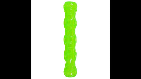 Brightly colored Dura-Squeaks Stick Large dog toy, made from safe TPR, features a squeaker and unpredictable bounce for fun playtime.