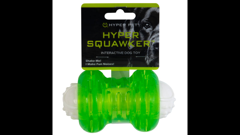 Hyper Squawkers Bone: durable, non-toxic chew toy with engaging sounds and unpredictable bounce for hours of fun.