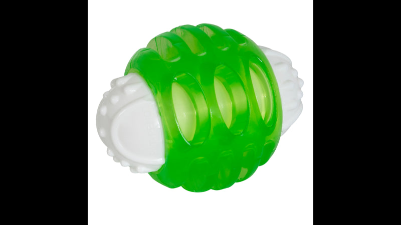 Colorful squeaky Hyper Squawkers Ball made of durable TPR and Nylon, perfect for dogs' playful and active engagement.