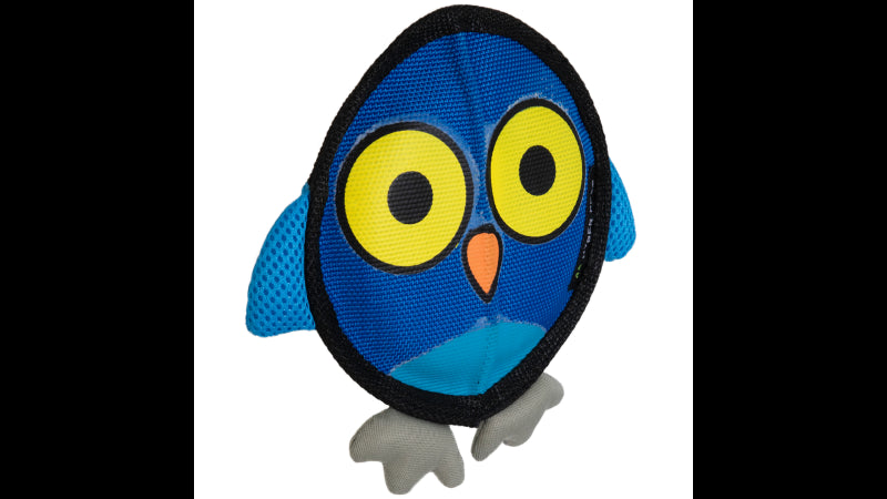 Durable Firehose Flyers Owl dog toy; perfect for tug, fetch, and chew with a fun squeaker and vibrant design.