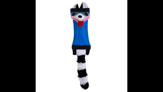 Durable raccoon dog toy made from real fire hose material, featuring a squeaker and floating design for interactive play.