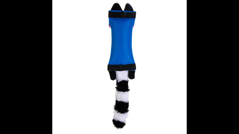 Durable raccoon-shaped dog toy made from real fire hose material with squeaker, ideal for interactive play and water fun.