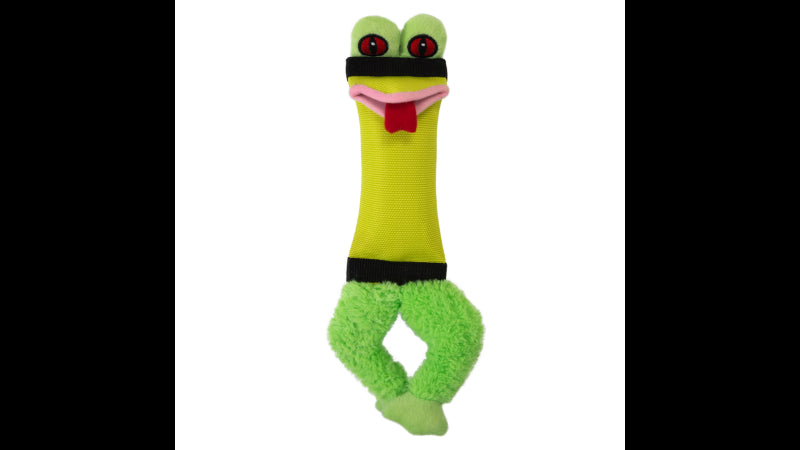 Durable fire hose frog dog toy with squeakers, ideal for tugging and fetching in water or on land.