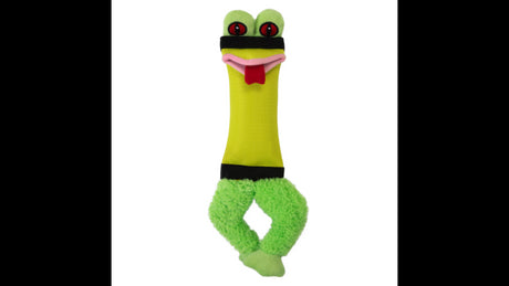 Durable fire hose frog dog toy with squeakers, ideal for tugging and fetching in water or on land.