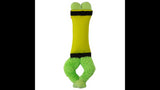 Durable frog-shaped dog toy made from fire hose material, perfect for tugging, fetching, and floating in water.