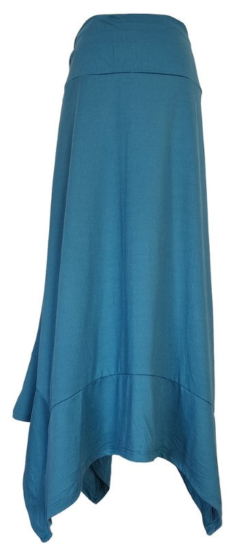 Teal bias cut skirt with a 102cm waist and 105cm drop, offering comfort and chic style for any occasion.