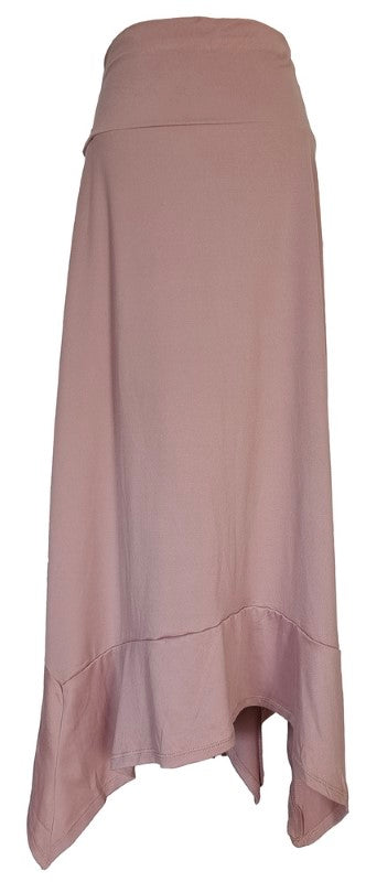 Bias cut pink skirt with stretch waist, designed to flatter and enhance movement, perfect for versatile styling.