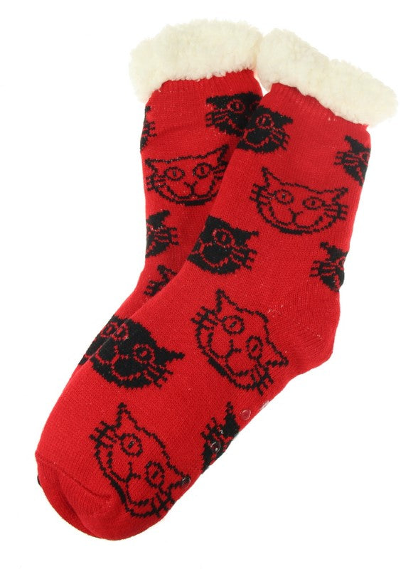 Cozy red fleece socks featuring cute cat designs, perfect for warmth and fun for cat lovers. Set of 2 pairs.