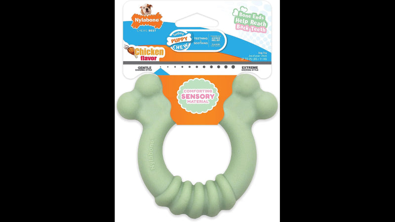 Bone-shaped puppy chew ring designed for teething, engaging play, and flavored for added appeal, suitable for small dogs.