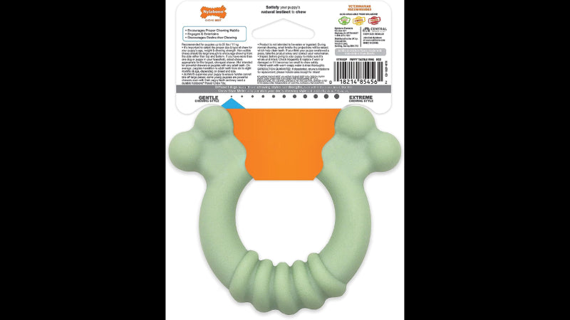 Puppy Chew Tactile Ring: bone-shaped toy for teething relief, engages pups, infused with chicken flavor, perfect for small dogs.