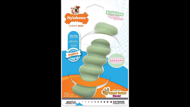 Puppy Chew Tactile Stick in stick shape with grooves, soothing for teething, peanut butter flavor, ideal for small puppies.