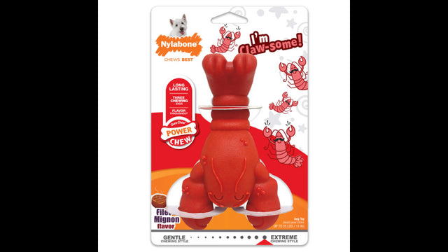 Power Chew Lobster dog toy with 3 durable ends, textured design, and filet mignon flavor for aggressive chewers up to 11kg.