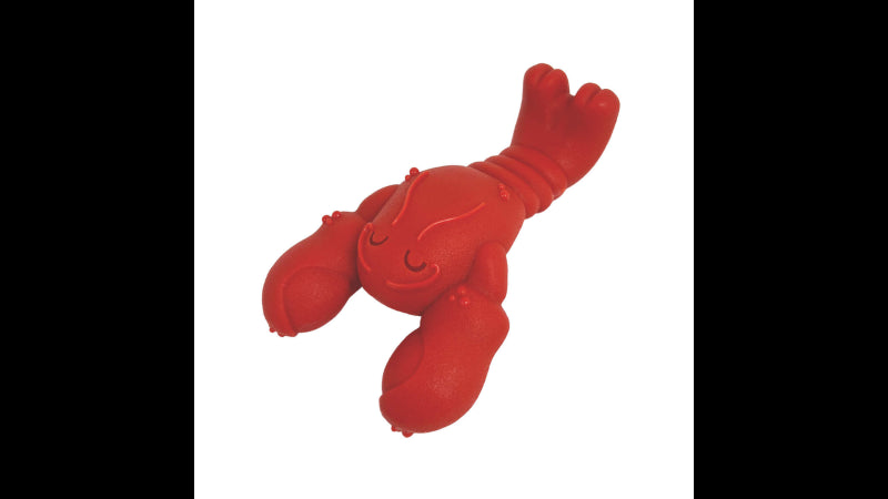 Dog toy resembling a lobster with three durable ends, filet mignon flavor, promotes healthy chewing for aggressive chewers.