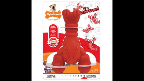 Durable lobster-shaped dog toy with three gripping ends and filet mignon flavor for aggressive chewers over 22.5 lbs.