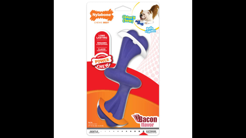 Giant rolling dog toy for powerful chewers, featuring easy-grip ends, bacon flavor, and promotes dental health.