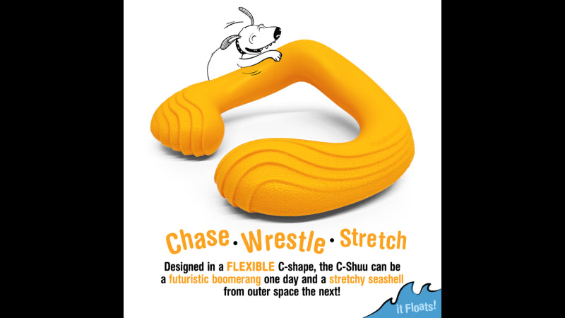 Interactive orange dog toy C-Shuu, designed for creative play and exercise, features a flexible C-shape that floats and engages pets.