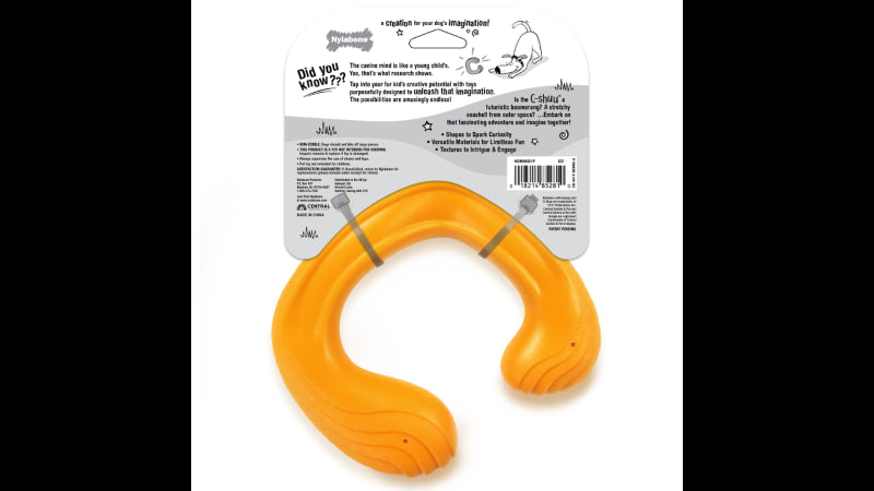 Vibrant orange C-shaped dog toy for creative play; flexible, lightweight, floats, ideal for chasing and wrestling.