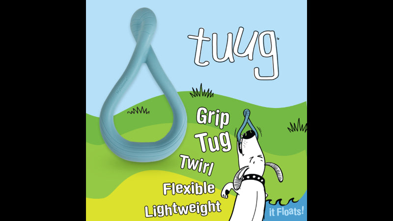 Blue Creative Play Tuug dog toy, a flexible loop design for tugging, interactive play, and water fun, ideal for active dogs.