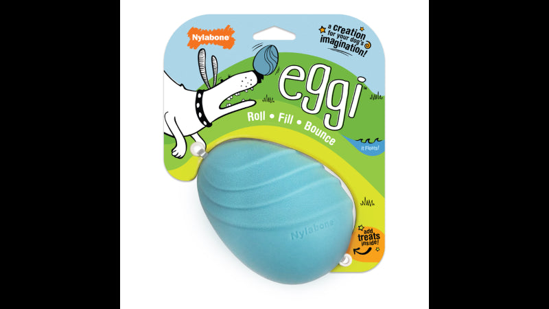 Interactive blue dog toy resembling an egg, featuring a treat compartment for creative play and mental stimulation.