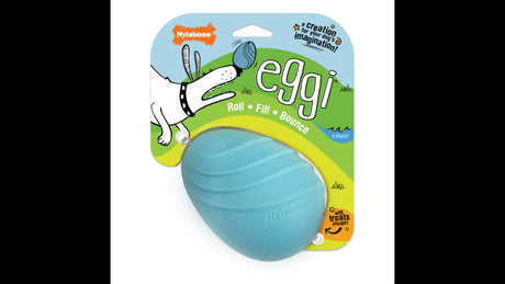 Interactive blue dog toy resembling an egg, featuring a treat compartment for creative play and mental stimulation.