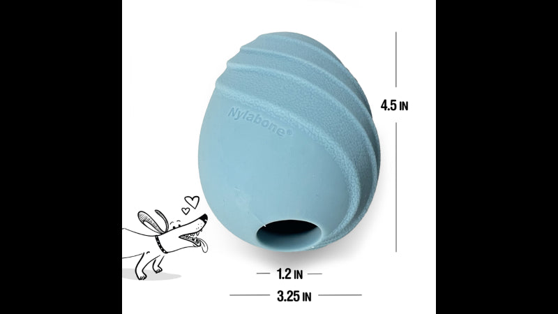 Interactive blue dog toy Eggi with hidden treat compartment, designed for imaginative, engaging playtime fun.