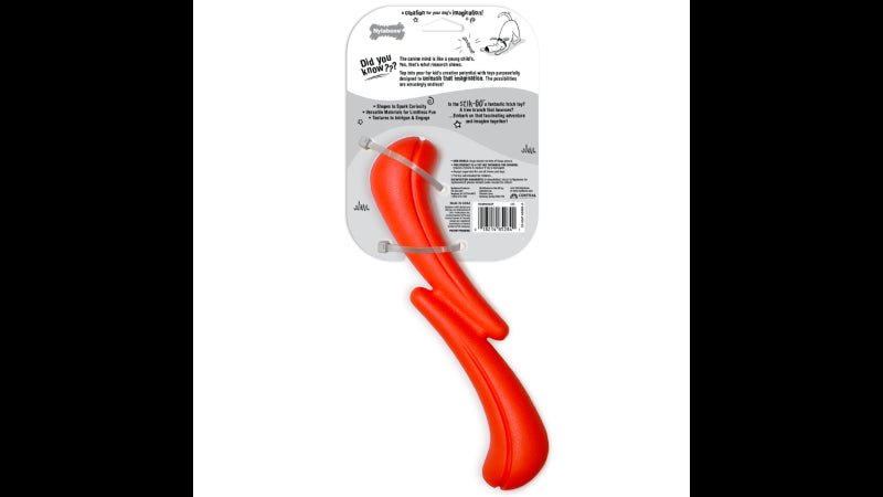 Interactive red dog toy Stik-Go, inspired by sticks, promotes imaginative play and fetch; floats for water fun.