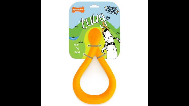 Vibrant orange loop-shaped dog toy for small dogs, promotes creative play with tugging, fetching, and fun interactions.