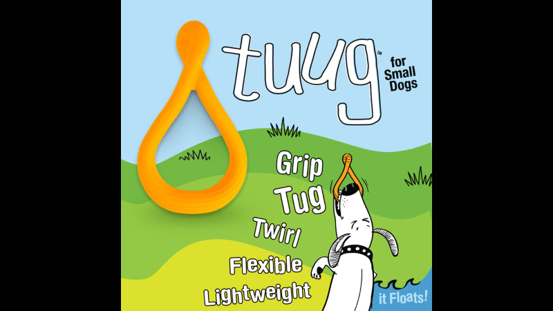 Orange Creative Play Tuug Dog Toy for small dogs, featuring a flexible loop shape for tugging, fetching, and imaginative play.