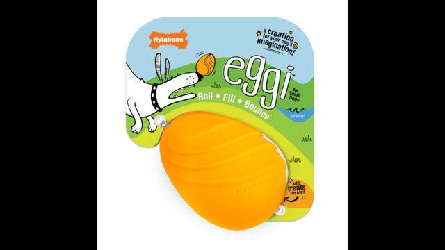 Vibrant orange Creative Play Eggi toy for small dogs, featuring a treat compartment and versatile play options.