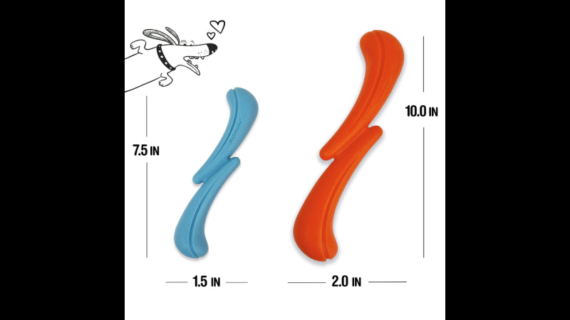 Blue dog toy Stik-Go Small for tiny dogs, designed for imaginative play, fetching, flipping, and floating in water.