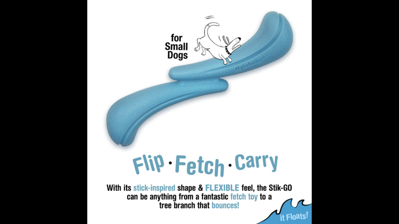 Blue stick-shaped dog toy for small breeds that floats, encourages imaginative play, and stimulates mental activity.