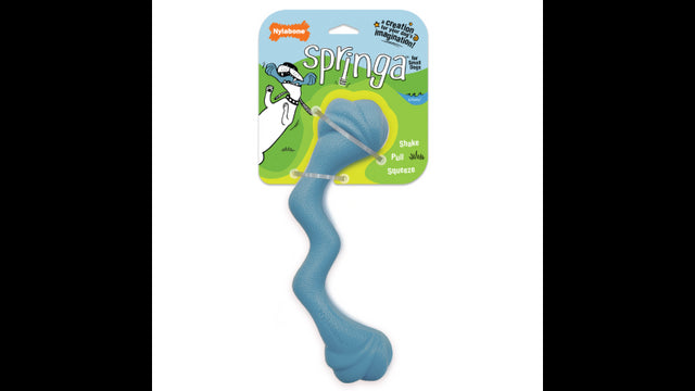 Interactive blue dog toy shaped like a zig-zag, perfect for small dogs to shake, pull, or squeeze during playtime.