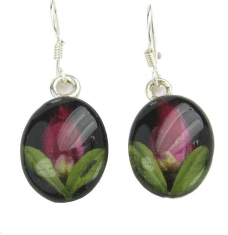 Sterling silver earrings featuring a unique rose design with deep black accents, perfect for any occasion.