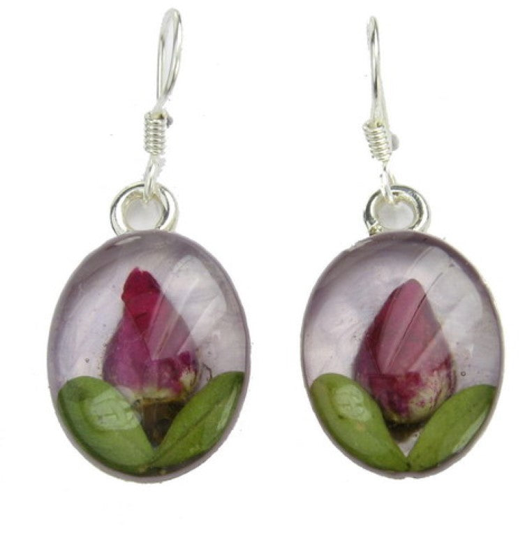 Sterling silver earrings featuring a rose design with light purple accents, perfect for elevating any outfit.