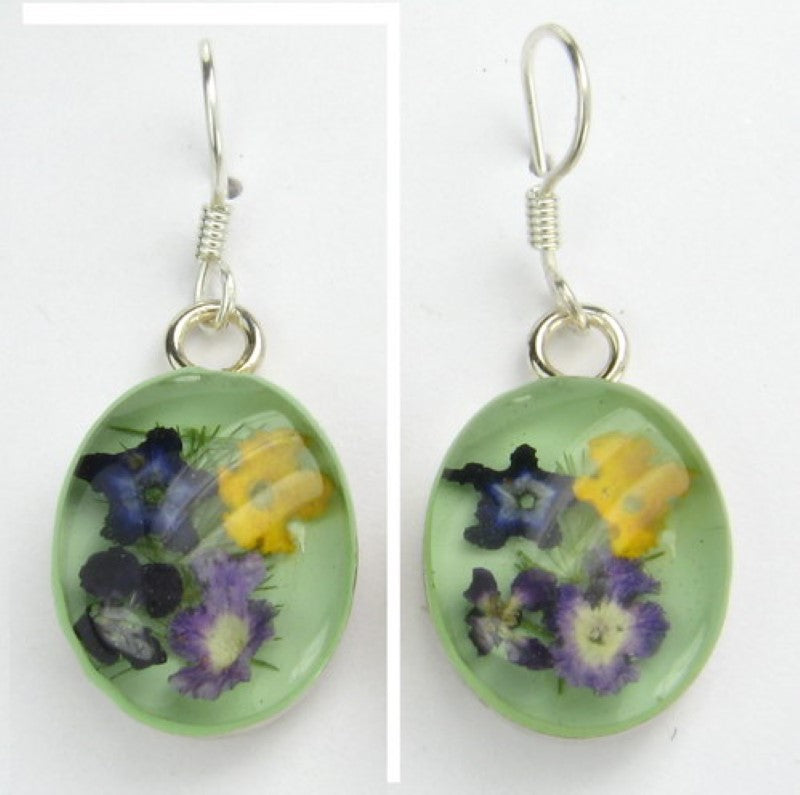 Sterling Silver Earrings - Oval Multi Flower with Green