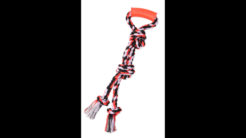 Vibrant dog toy featuring a handle and twin tugs, designed for interactive play and durable fun for medium-sized dogs.