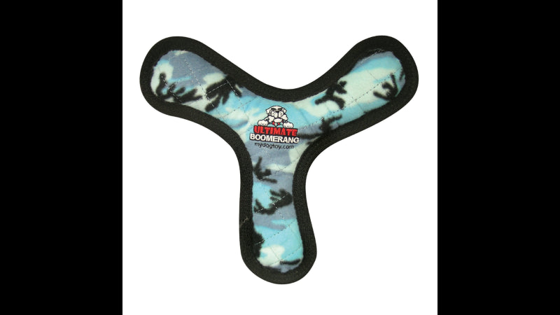 Durable Tuffy Ultimate Bowmerang dog toy in Camo Blue, 32cm, with squeaker, floats in water, and gentle on teeth.