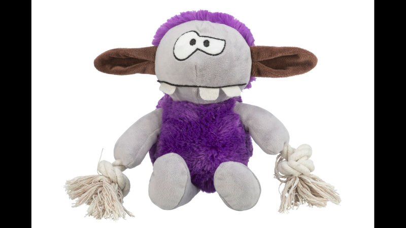 Vibrant purple Monster plush dog toy, 32 cm, durable with squeaker, ideal for tugging, chewing, and cuddling.