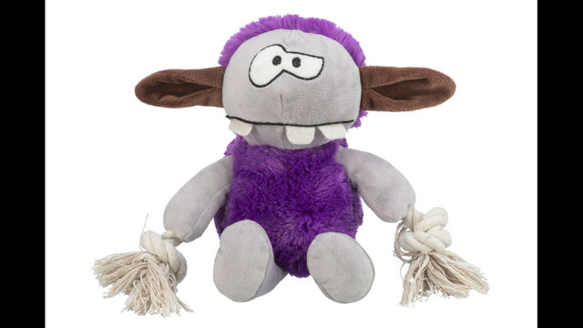 Vibrant purple Monster plush dog toy, 32 cm, durable with squeaker, ideal for tugging, chewing, and cuddling.