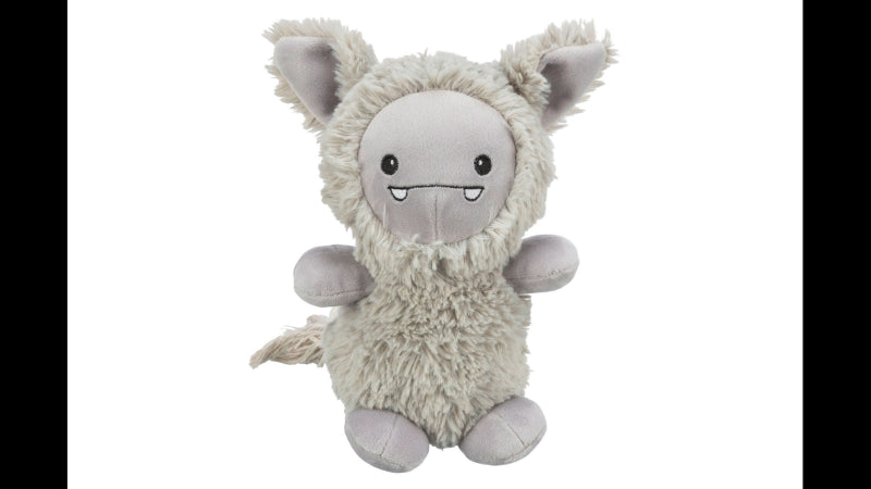 Grey 32 cm plush monster dog toy with rope reinforcement and squeaker, ideal for playtime and cuddling.