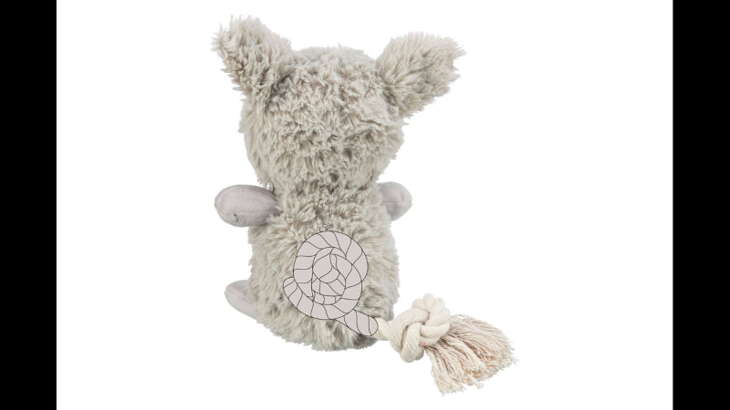 Grey monster plush dog toy, 32 cm, durable with rope structure and squeaker for interactive play and cuddling.