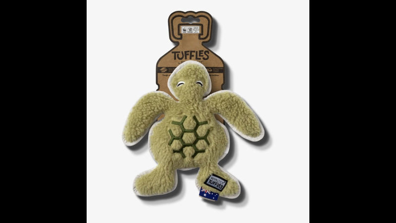 Eco-friendly Resploot Tuffles Turtle dog toy, 26cm, made from recycled materials for durable, energetic play and wildlife support.